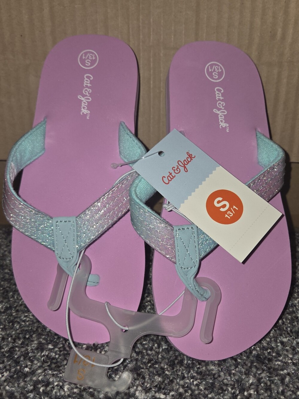 Cat & Jack Pink Flip Flop Sandals with Mint Glitter Straps